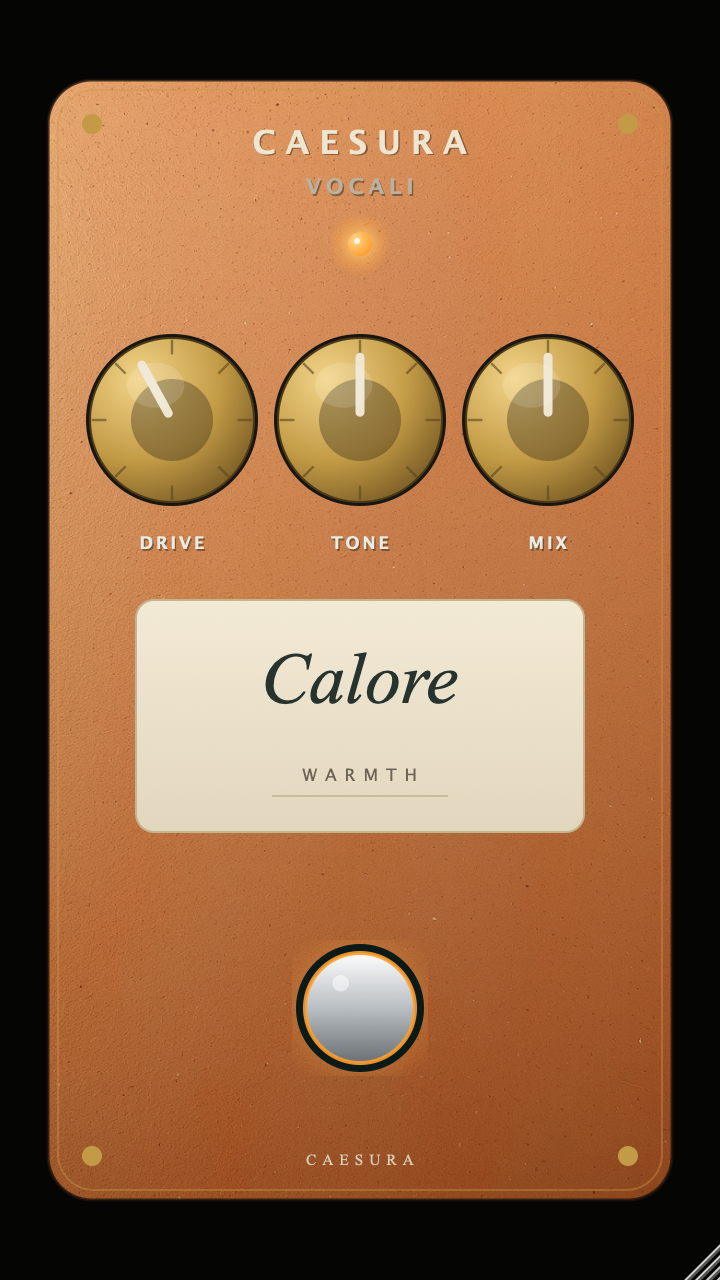 Calore Warmth effect; real editor capture of the terracotta face