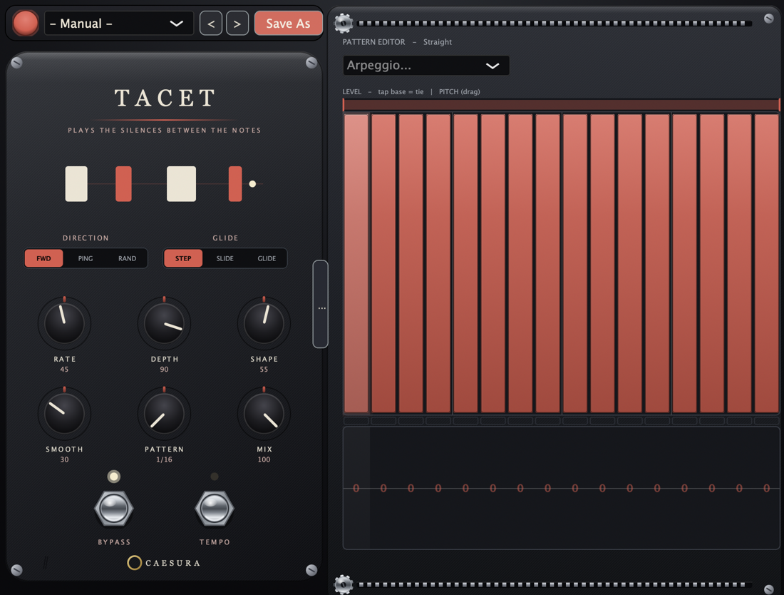 The Tacet plug-in editor with its pattern tray open, captured as it runs